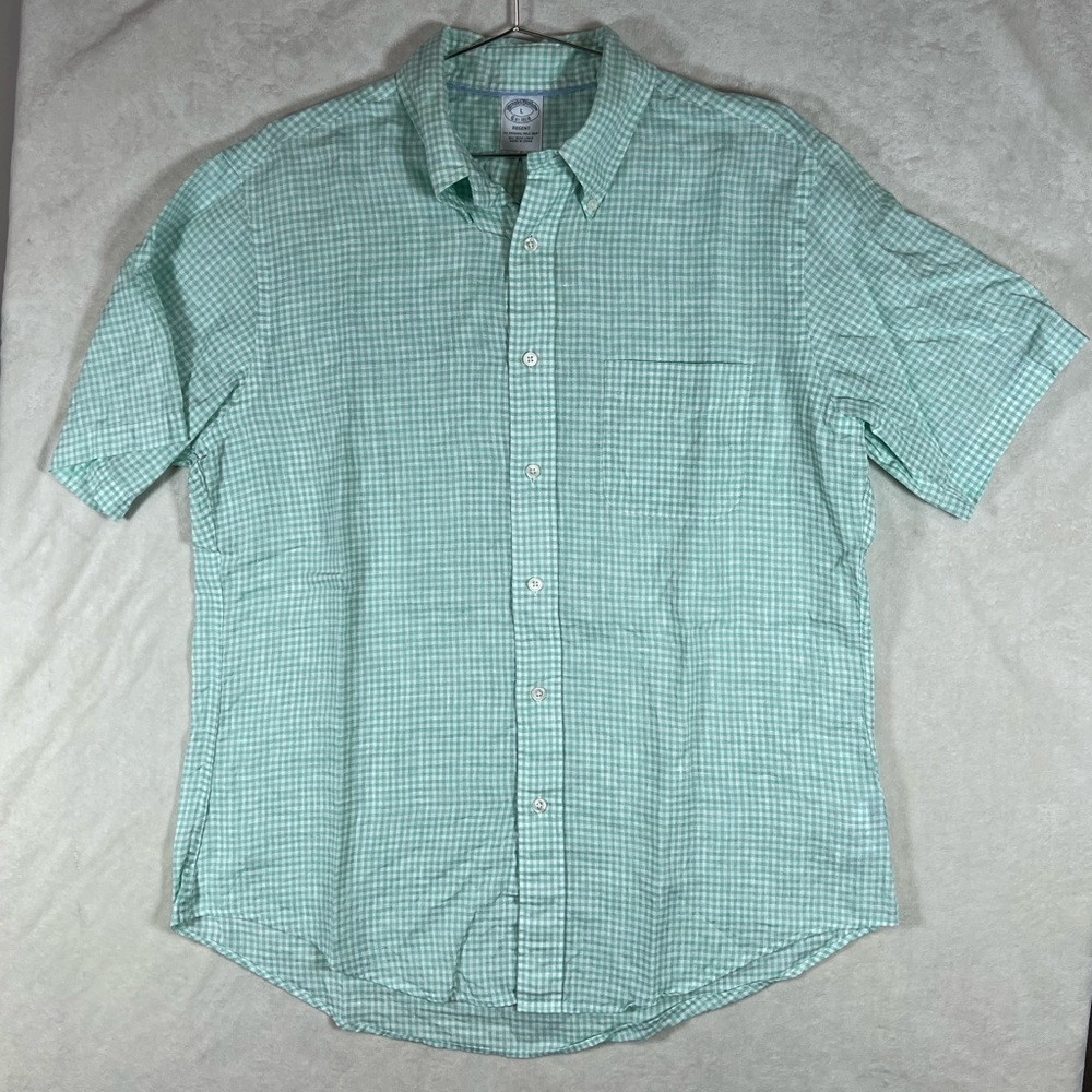 Brooks Brothers Size Medium Regent 100% Irish Linen Mint Checkered Casual Shirt